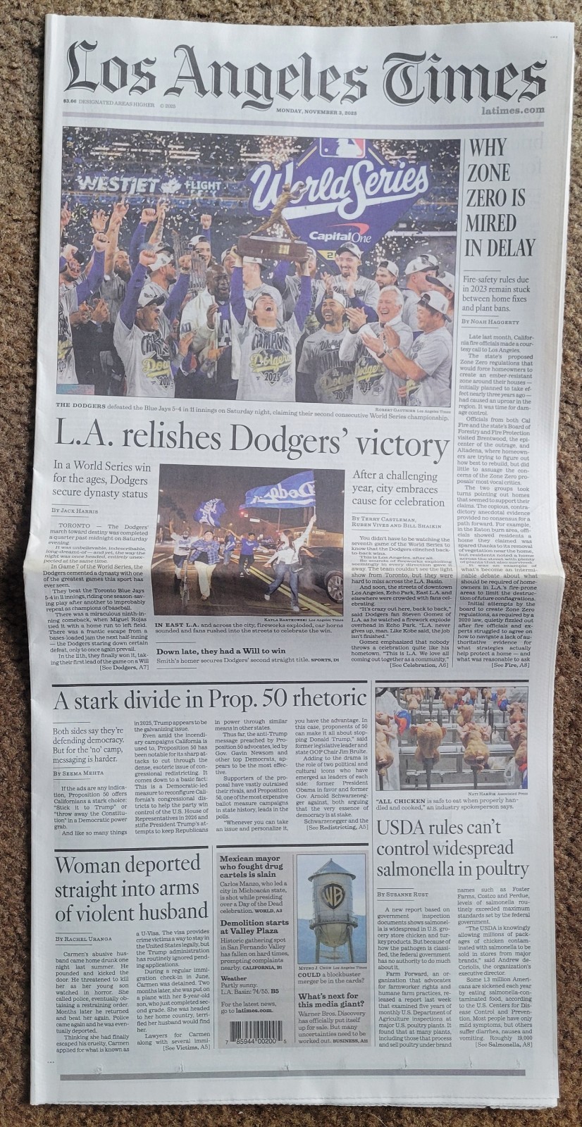 LOS ANGELES TIMES NOV 3, 2025 NEWSPAPER LA DODGERS WORLD SERIES CHAMPIONS MOOKIE