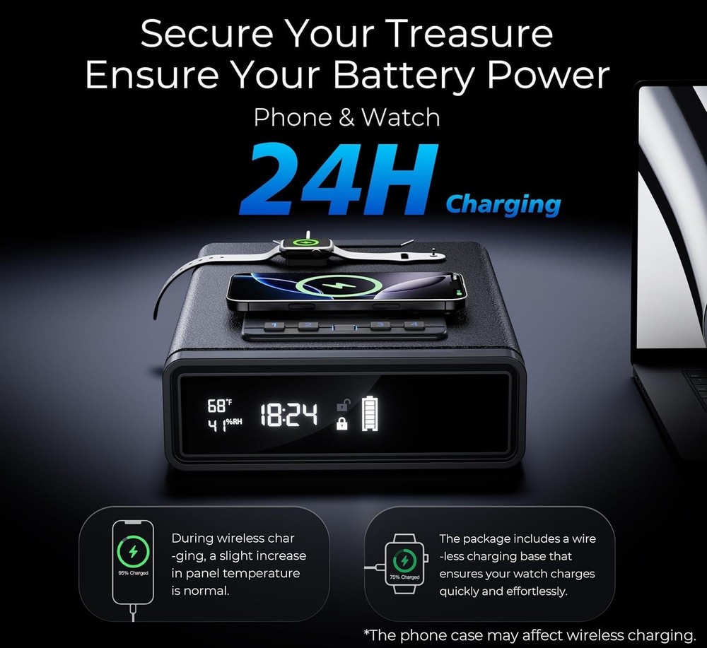 Biometric Safe with Wireless Charging, 3 Access Methods to Unlock, Nightstand Dr