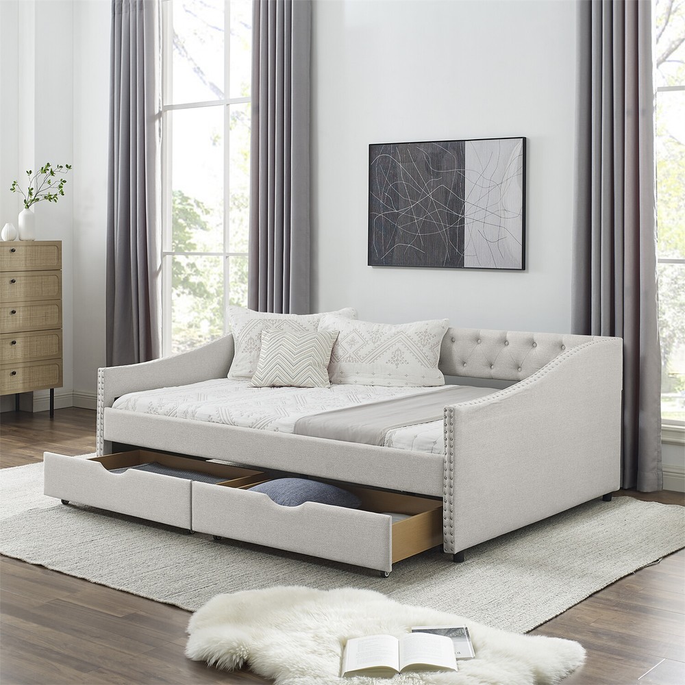 Full Size Daybed Upholstered Bed Frame Sofa Bed w/ 2 Storage Drawers US