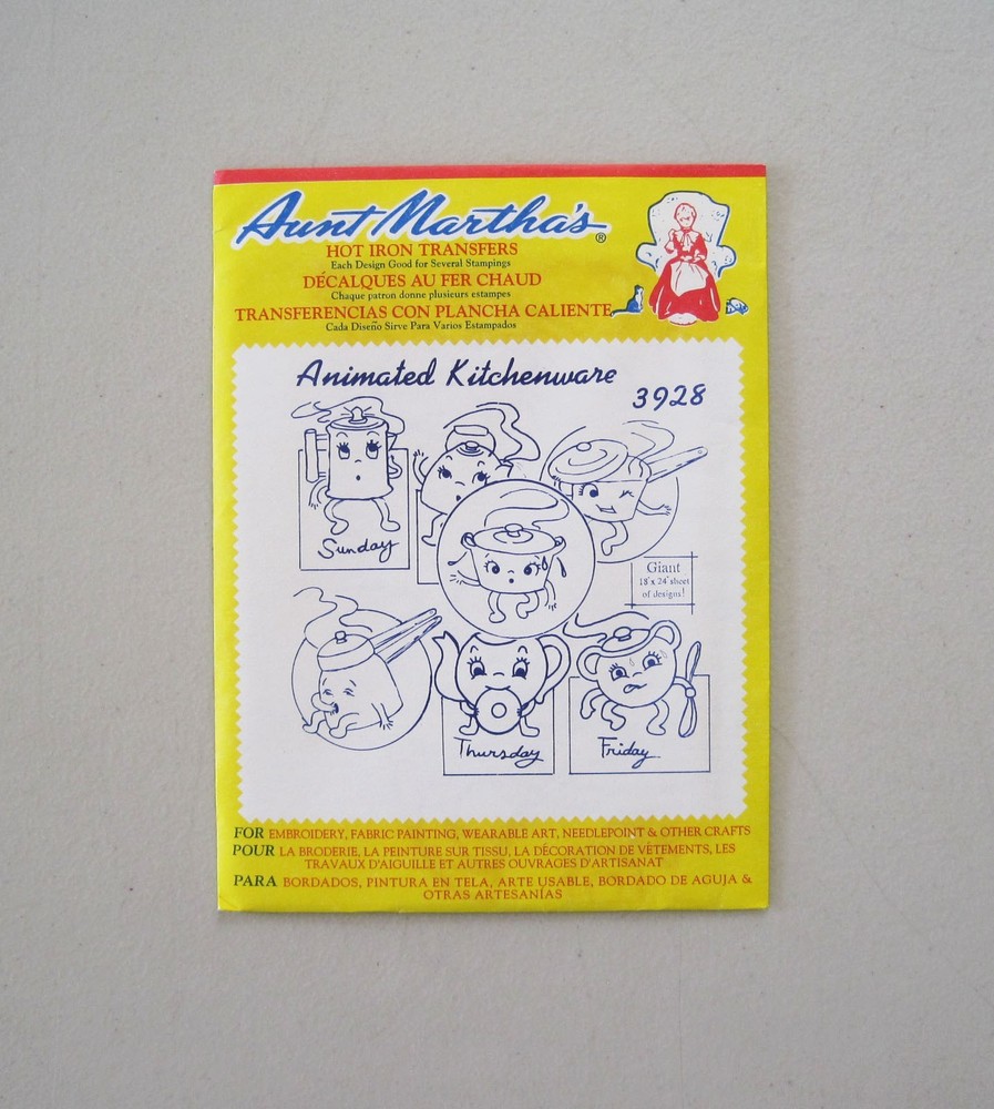 Aunt Martha's Animated Kitchenware Hot Iron Transfer Embroidery Pattern 3928