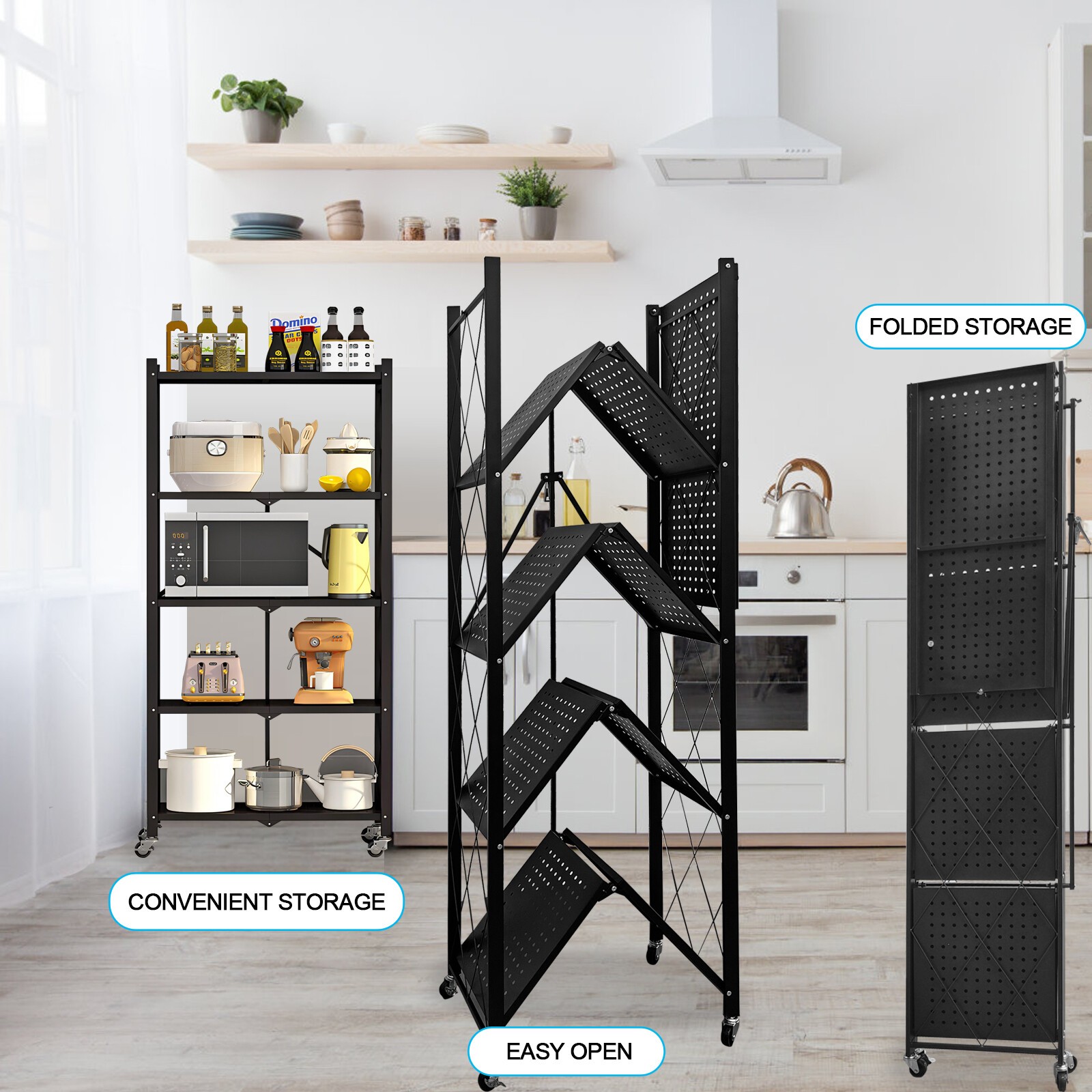 2x Foldable 5-Tier Storage Shelves w/ Wheels Heavy Duty Organizer Kitchen Garage
