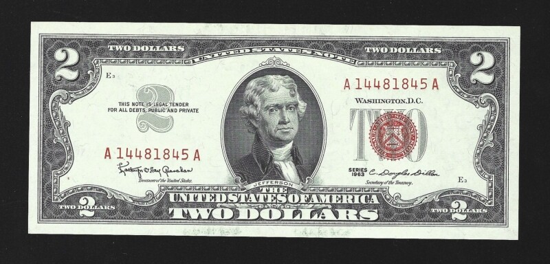 1963 or 1963a $2 TWO DOLLAR UNITED STATES NOTE RED SEAL = GEM UNCIRCULATED ==