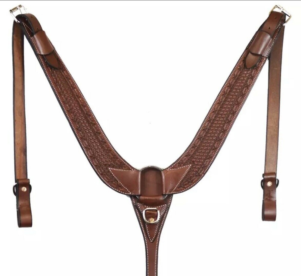 Western Leather Barbed Wire Hand Tooled Pulling Breast Collar Basket Weave