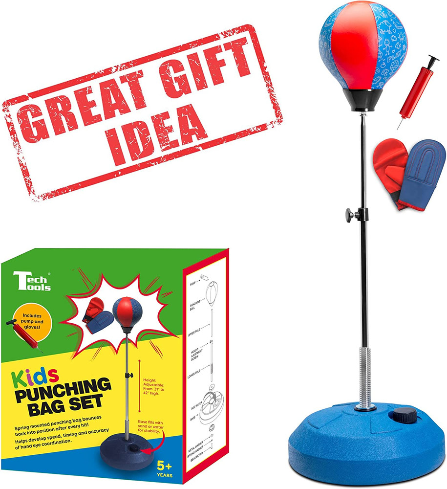 Techtools Punching Bag for Kids, Reflex Boxing Set with Stand - Includes Boxing