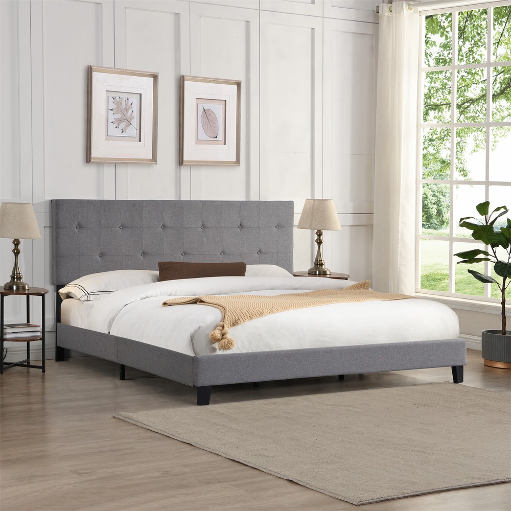 King Size Bed Frame Upholstered Platform Bed Frame w/ Upholstered Headboard New