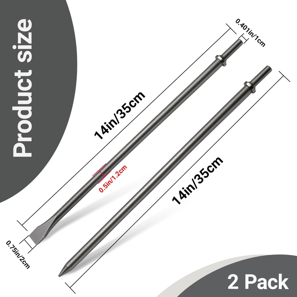 2 Pack 14 Inch Air Hammer Bits Attachments 0.401 Shank Chisel Bit Set Cr-Mo