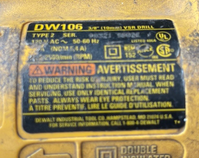 DEWALT DW106 VSR Corded 3/8" Keyless Chuck Variable Speed Reversible Drill