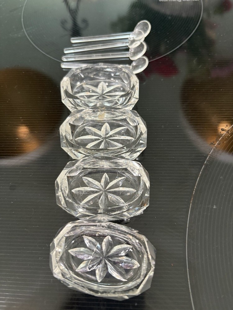 Salt Cellar With Spoons crystal Starburst Pattern