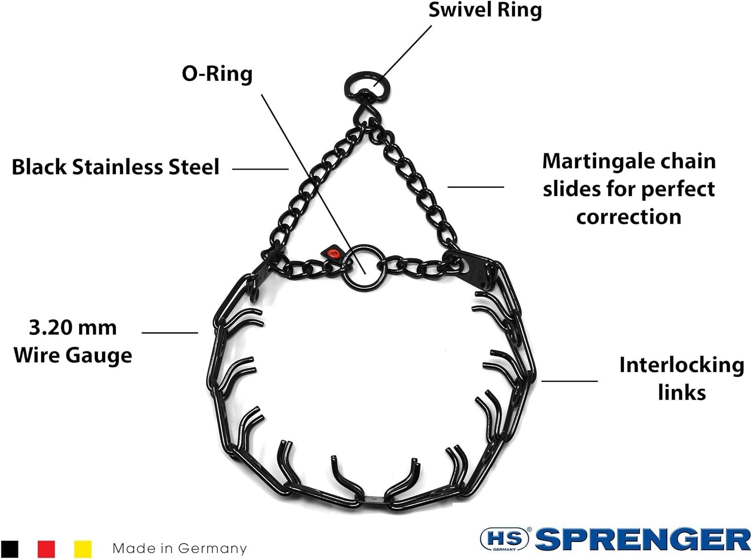 USED-Sprenger Black Stainless Steel Prong Dog Training Collar Swivel-2.25mmx16"