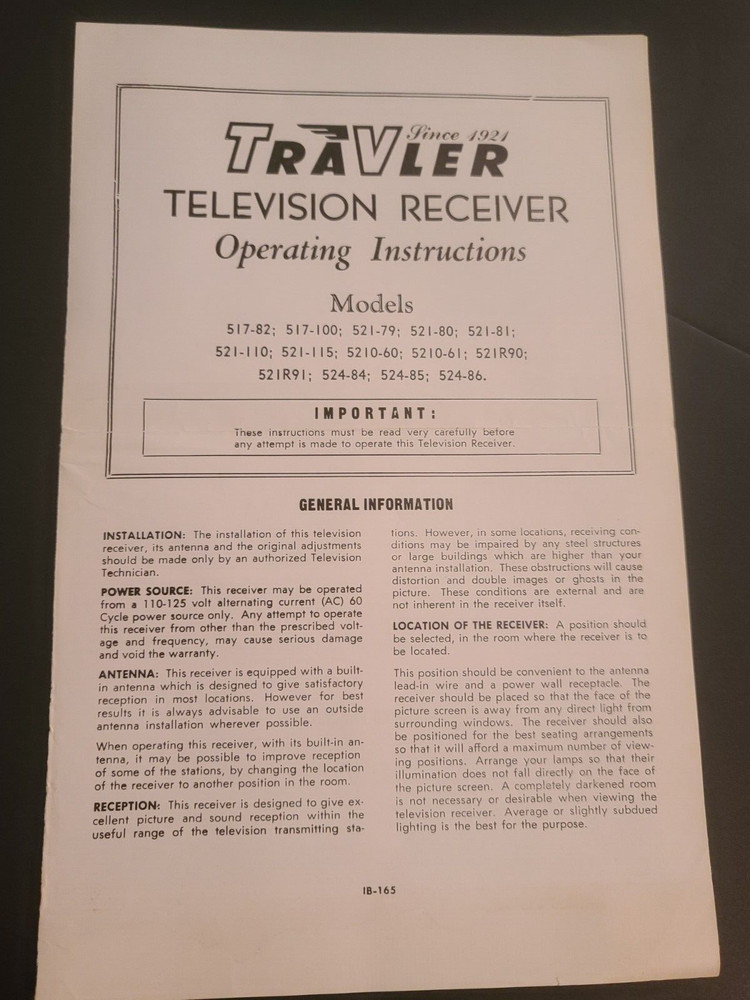 Traveler Television Receiver Operating Instructions