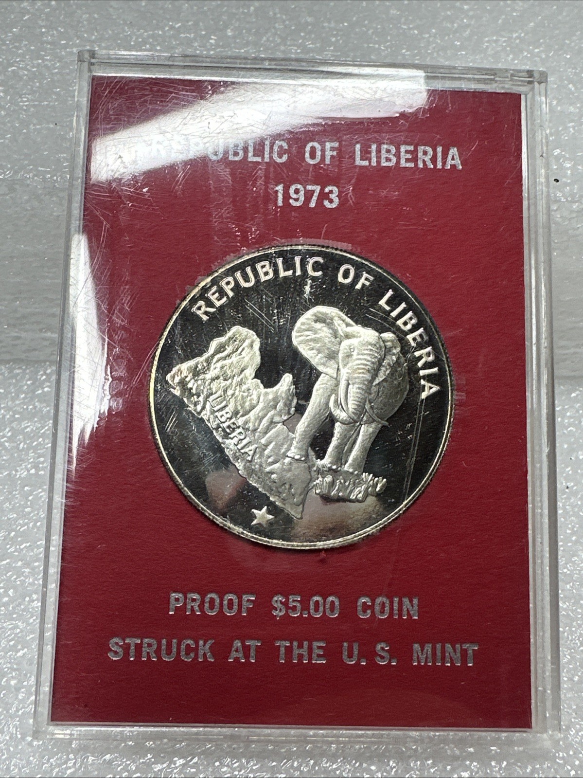 1973 LIBERIA - 5 DOLLARS - ELEPHANT - 1 Oz PROOF SILVER CROWN - US MINT RED CASE