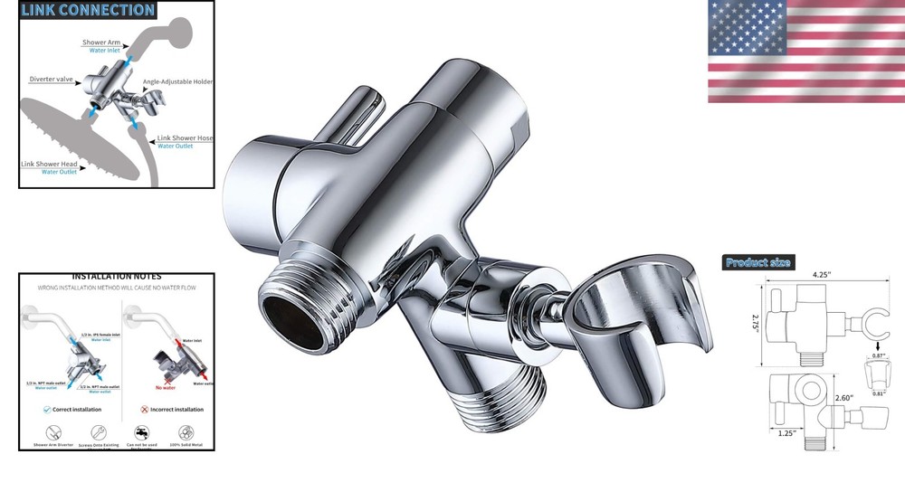 Polished Chrome 3-Way Shower Diverter with Holder - Solid Metal Construction