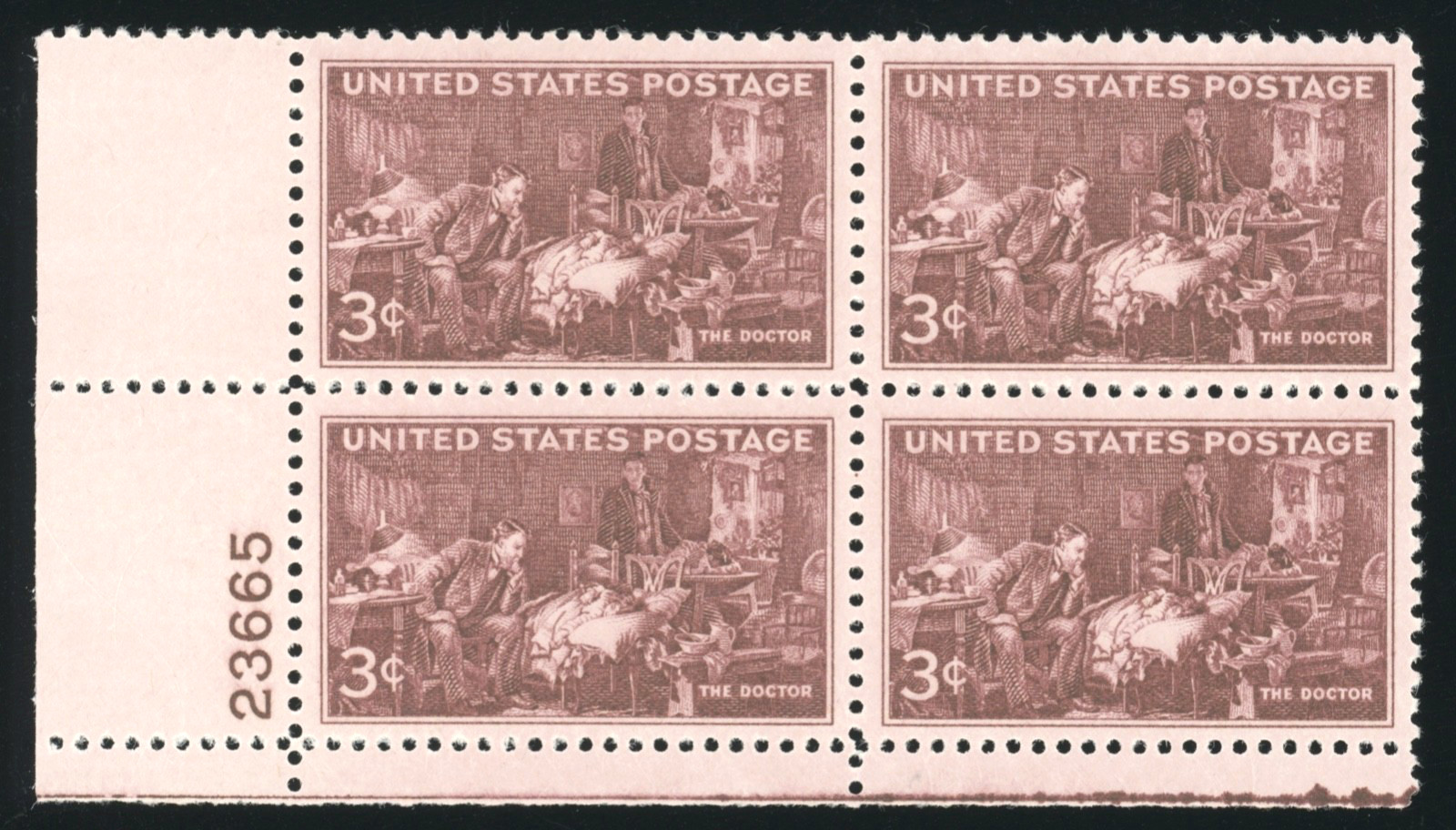 US - 1947 The Doctor by Luke Fildes 3c - SC# 949 Plate Block of 4 Mint NH OG