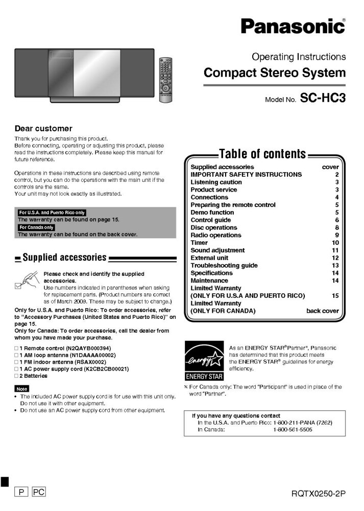 Panasonic SC-HC3 Stereo System Owners Instruction Manual