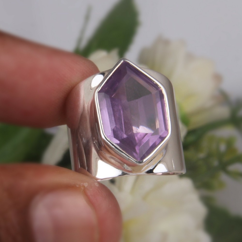Genuine Amethyst Gemstone Ring 925 Sterling Silver Handmade Statement Rings