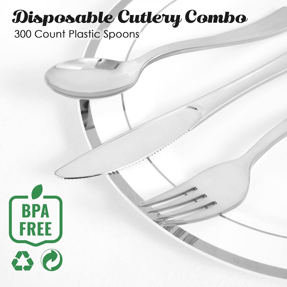 300 Pack 6.8" Disposable Silver Plastic Spoons, Solid and Durable Plastic Cut...