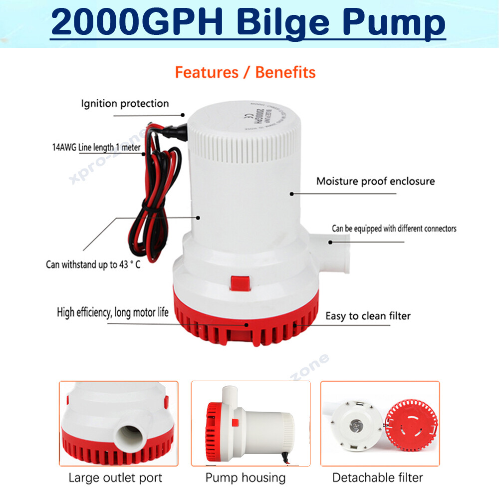 12V Marine Bilge Water Sump Pump Submersible 2000GPH Silent Fishing Marine Boat