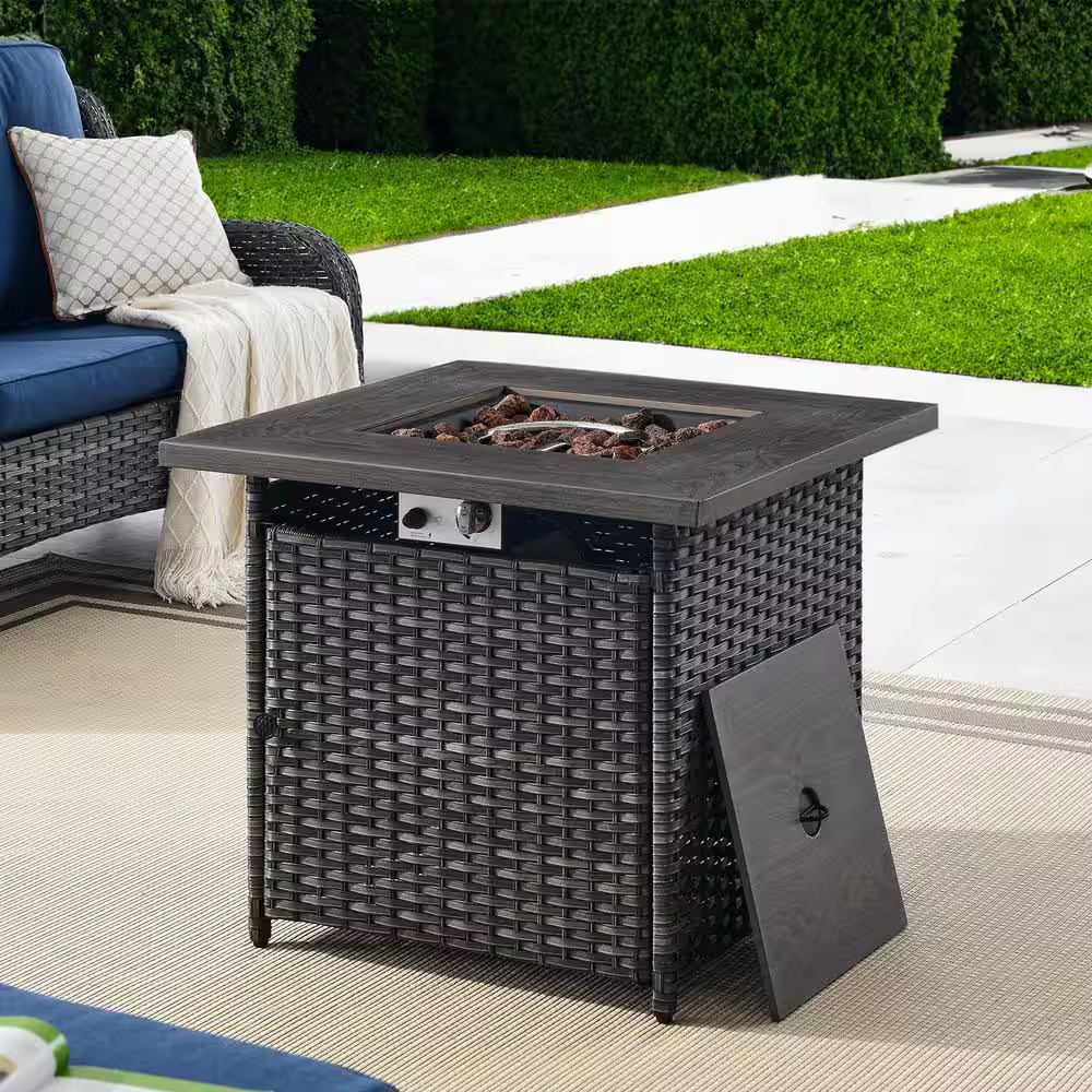 30 In. 50000 BTU Rectangular Brown Rattan Propane Outdoor Fire Pit Table with La