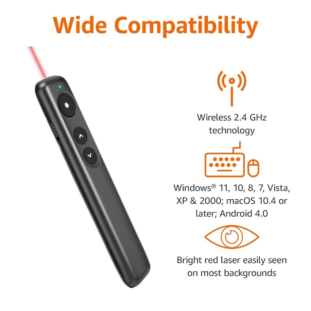 Amazon Basics Wireless Presenter Remote Clicker Red Laser 2.4GHz USB Plug & Play