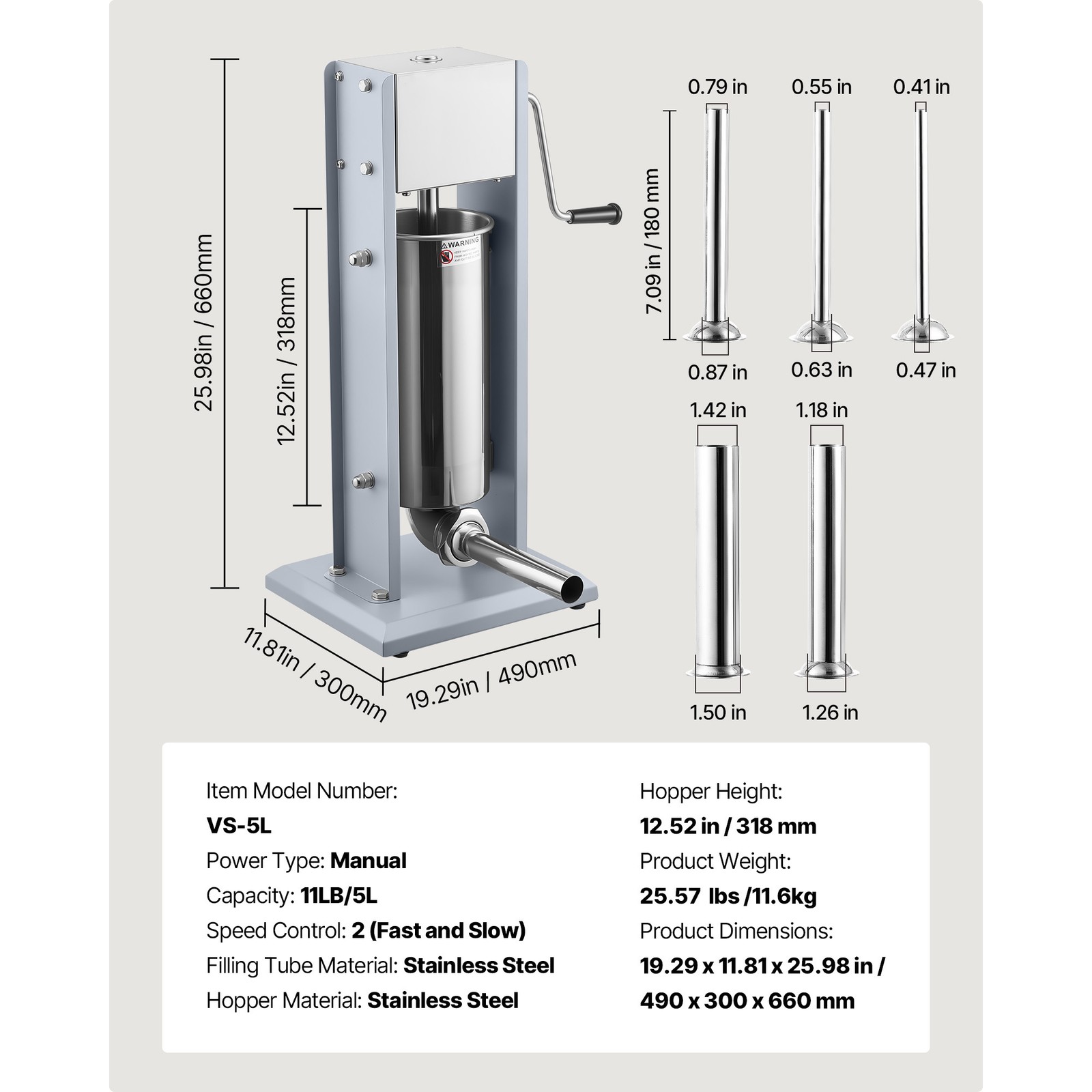 Uimoso Manual Sausage Maker 11 LBS / 5 L Dual-Speed Meat Filler with 5 Nozzles