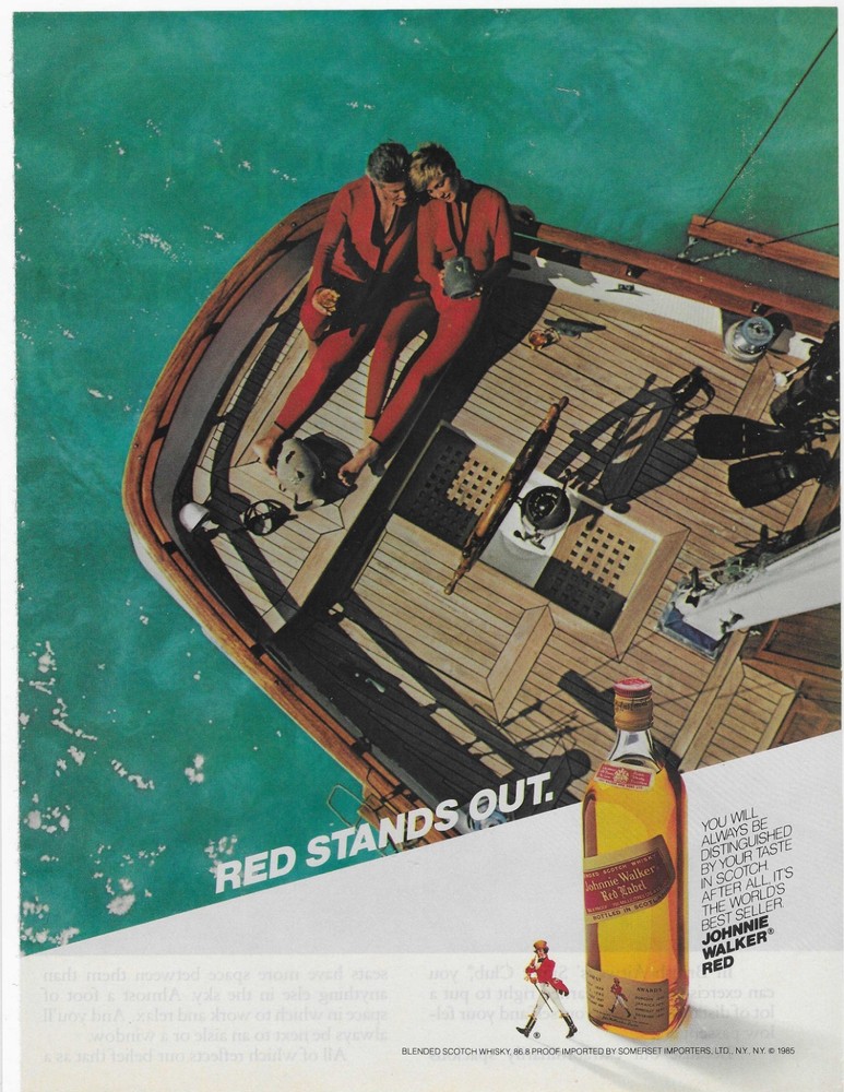 ON A BOAT  JOHNNIE WALKER RED ORIGINAL PRINT AD