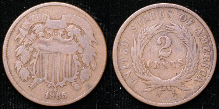 1865  Two Cent Piece - Repunched Date
