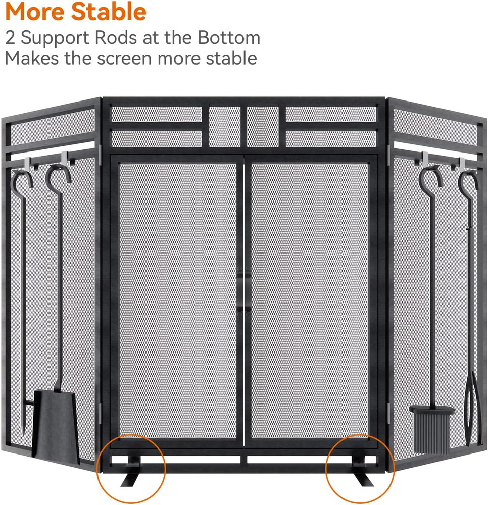 Fireplace Screen with Doors and Tools Set,3 Panel Foldable Metal Fireplace Guard