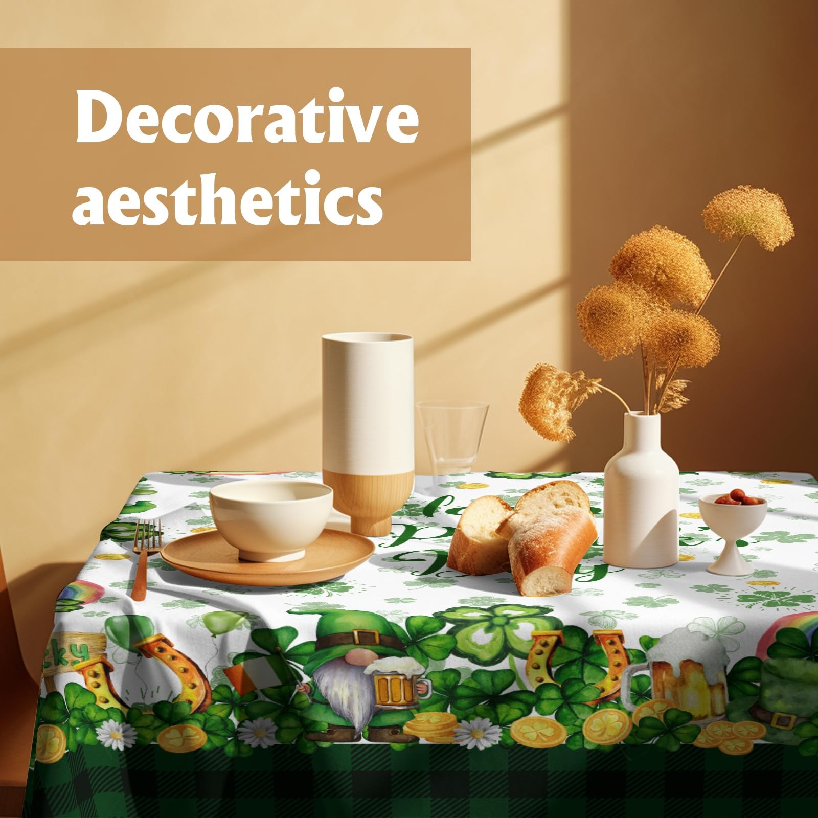 Happy St. Patricks Day Tablecloth 52x52 Inch Square Green Shamrock Gnome Tabl...