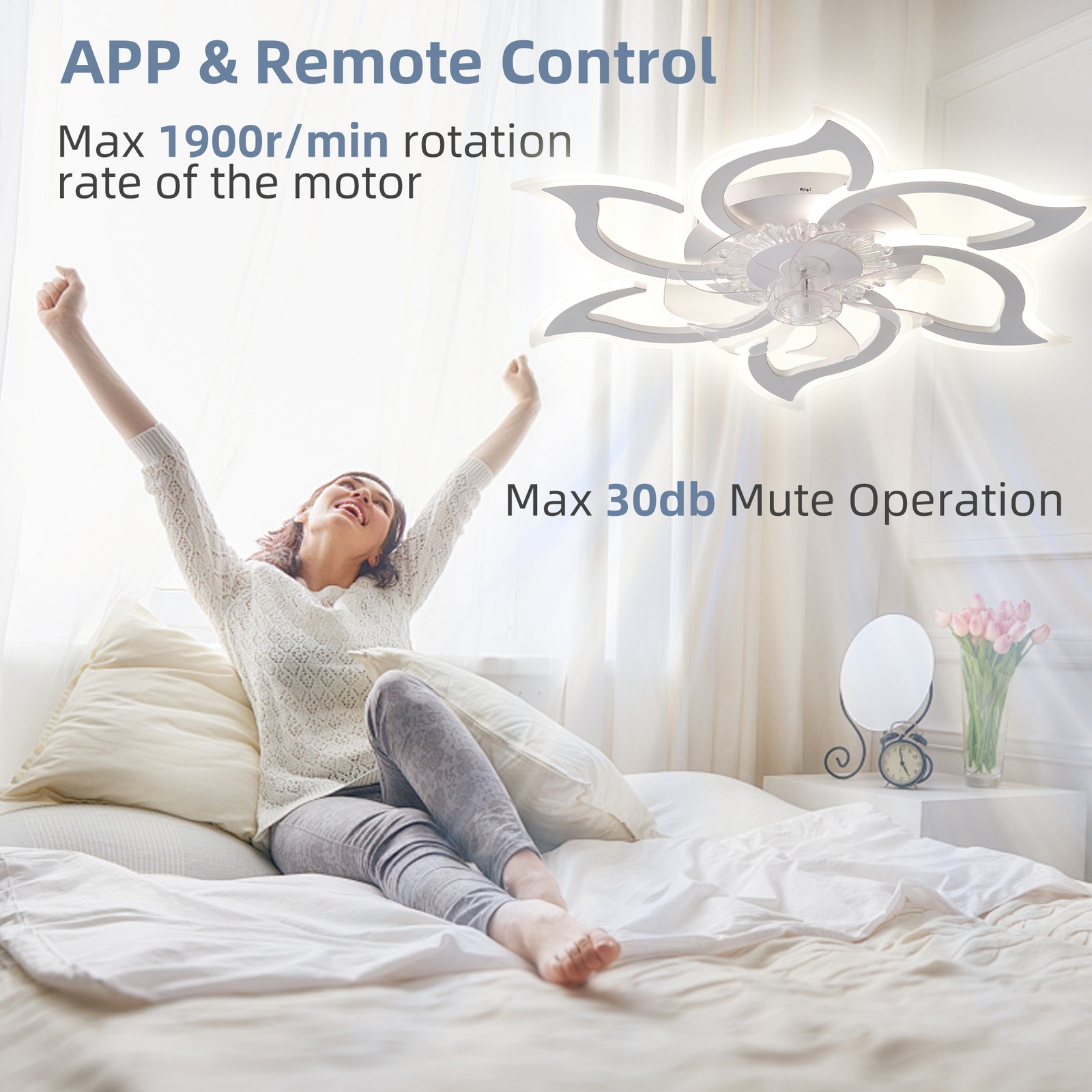33'' Modern Flower Ceiling Fan with LED Light Flush Mount Remote APP Control Kit