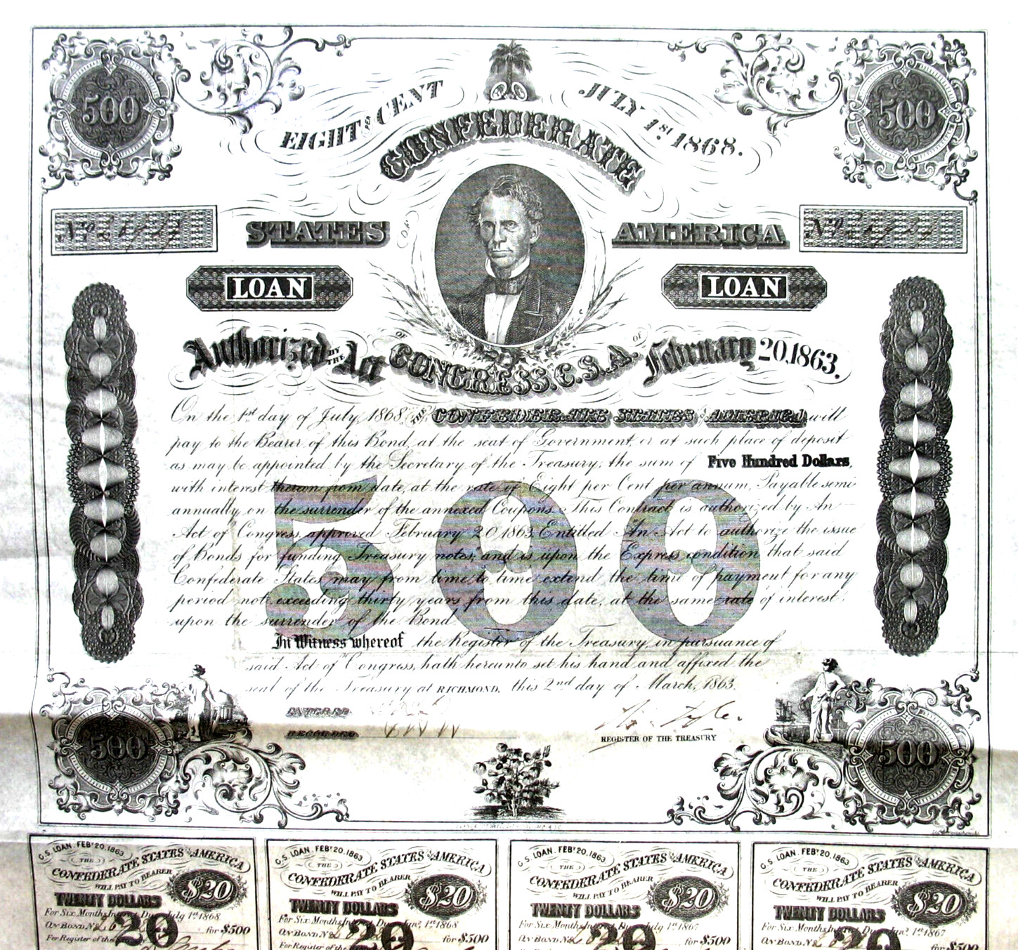 Last Confederate States of America loan + Cp. Richmond 1863 USA CSA cv war Tyler