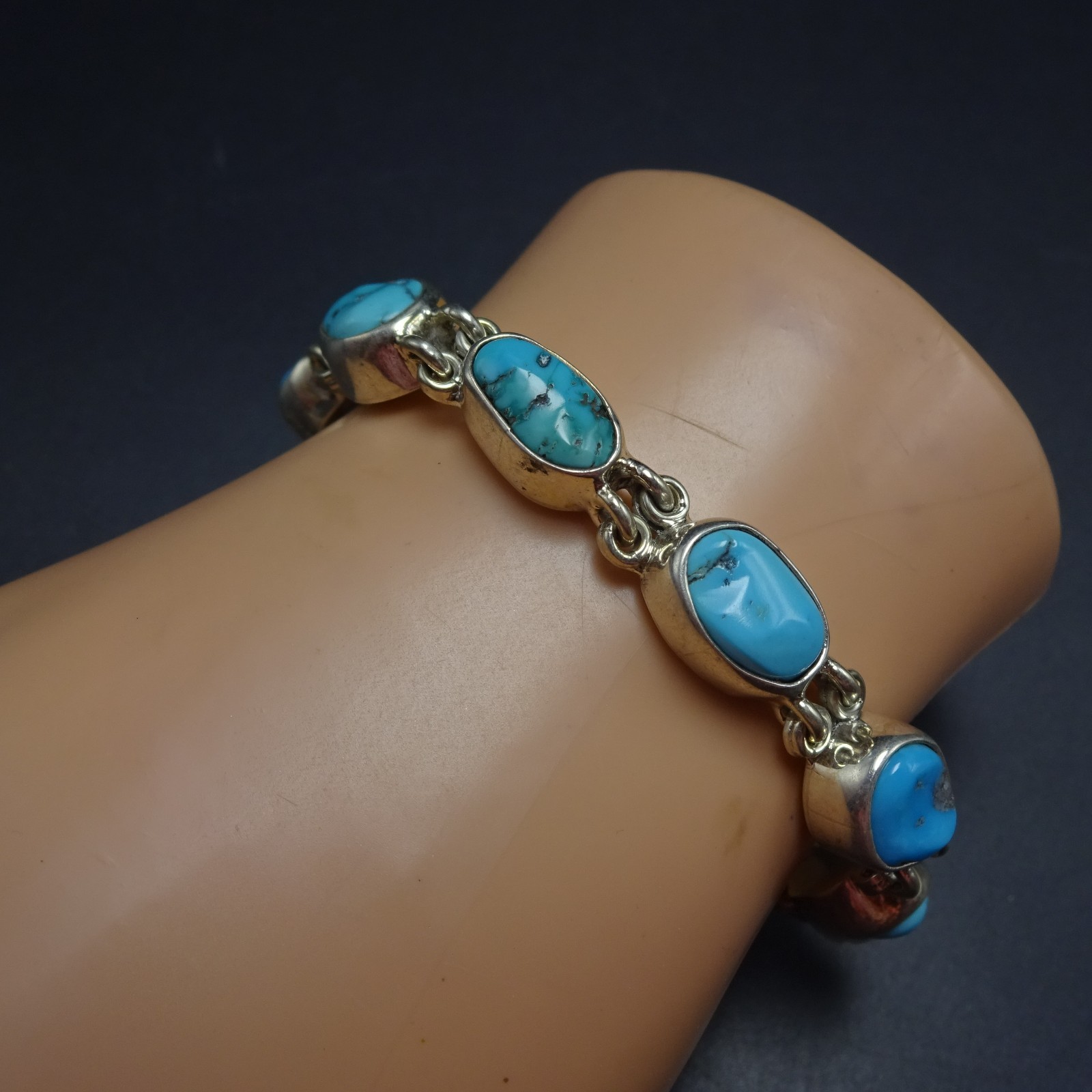 FEDERICO JIMENEZ Sterling Silver TURQUOISE Link Bracelet Gorgeous Natural Cabs