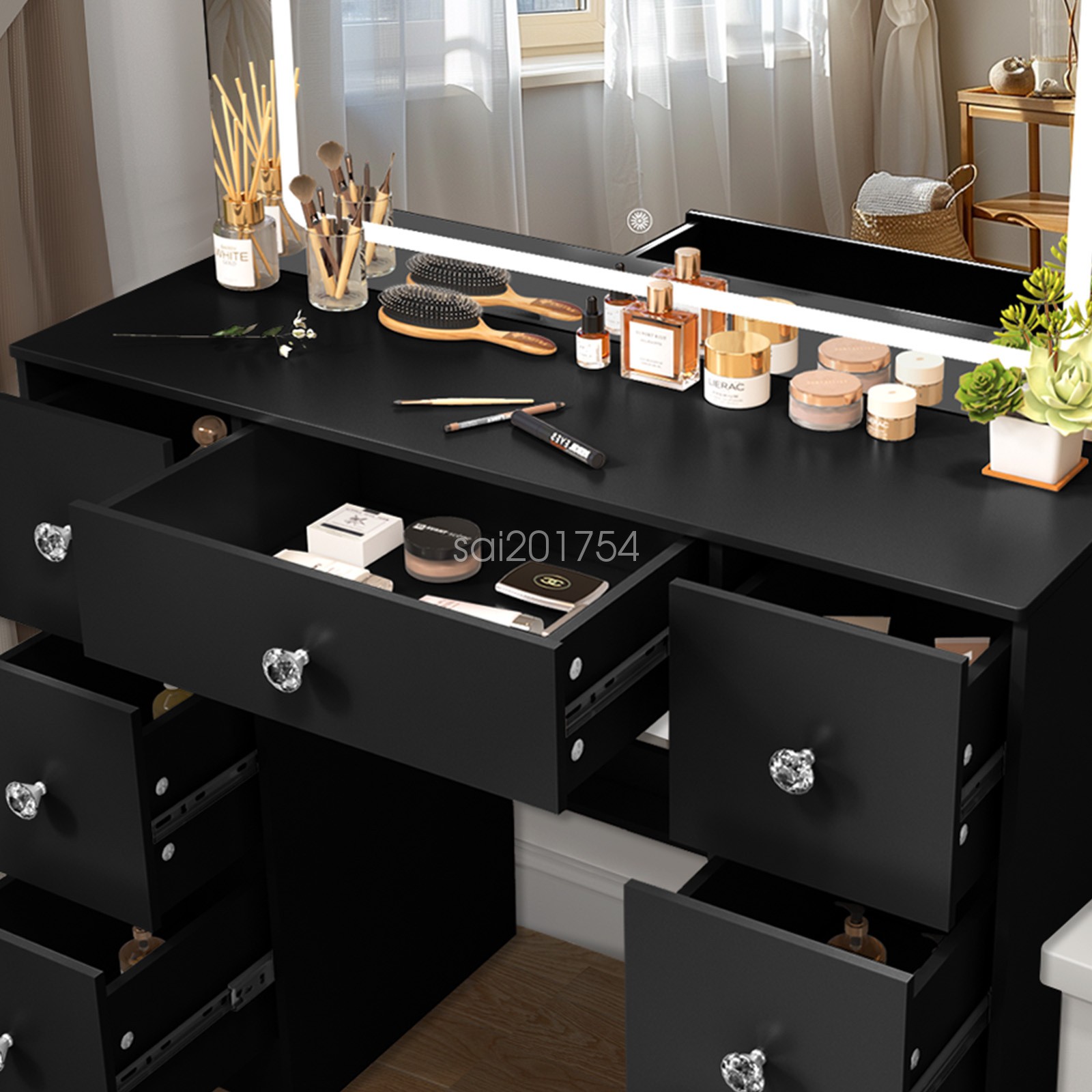 Black Vanity Makeup Desk with LED Lighted Mirror and 7 Drawers Dressing Table
