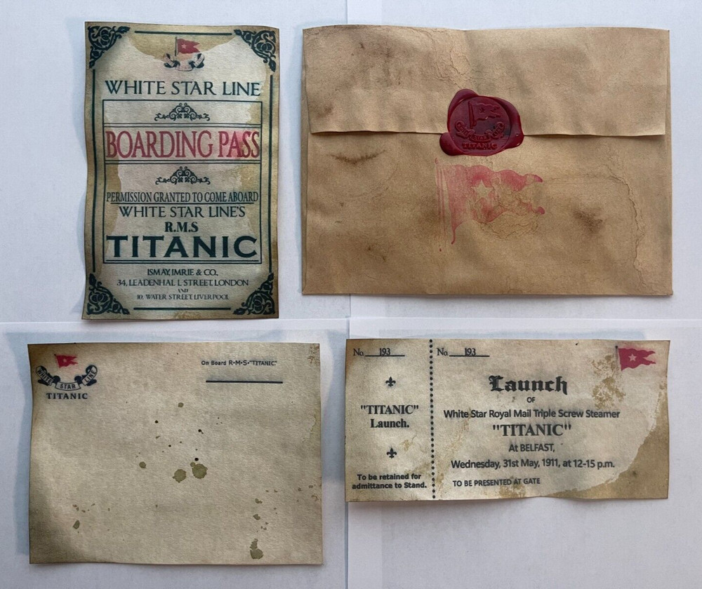 Titanic Launch Ticket, Boarding Pass, Postcard, and Envelope - White Star Line