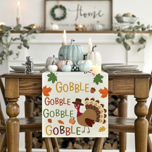 Gobble Turkey Maple Leaves Thanksgiving Table Runner, Table Runner, 13" x 108"