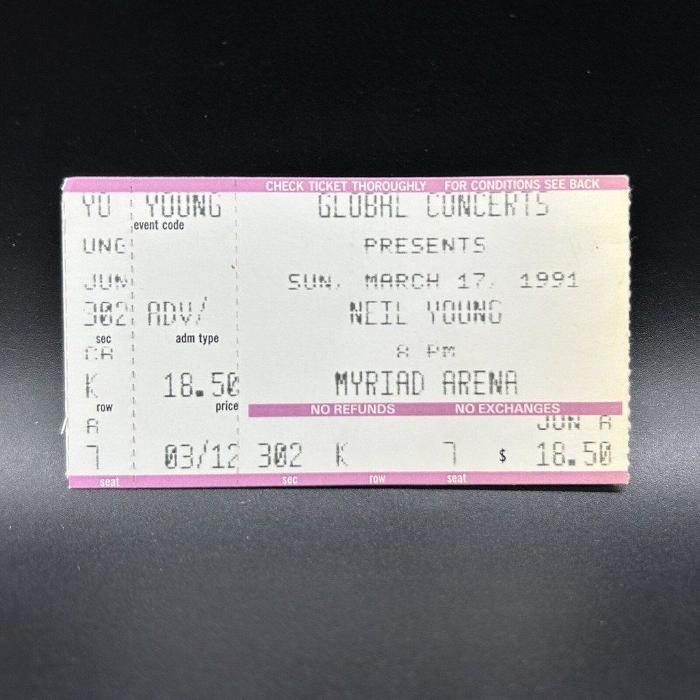 NEIL YOUNG CONCERT TICKET STUB, MAR 17 1991, MYRIAD ARENA