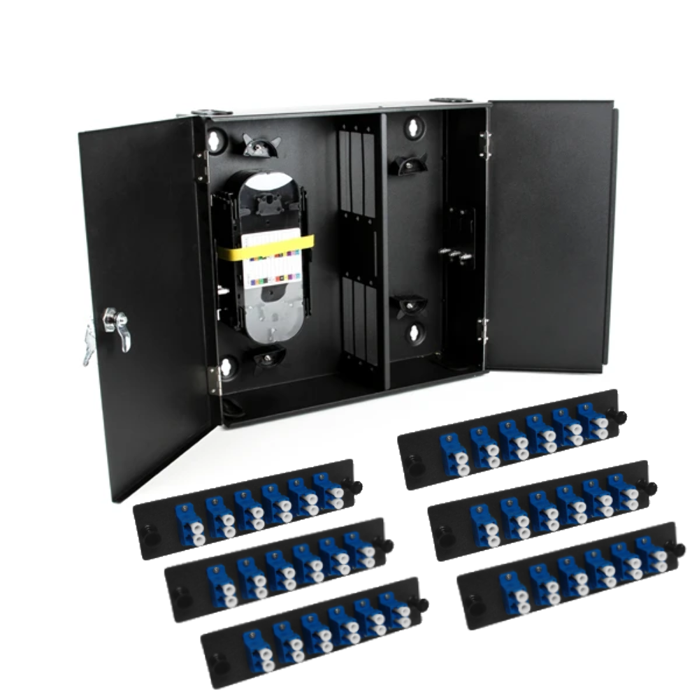 72LC SM Fiber 6 Panel Wall Enclosure Locking Splice Tray Spools