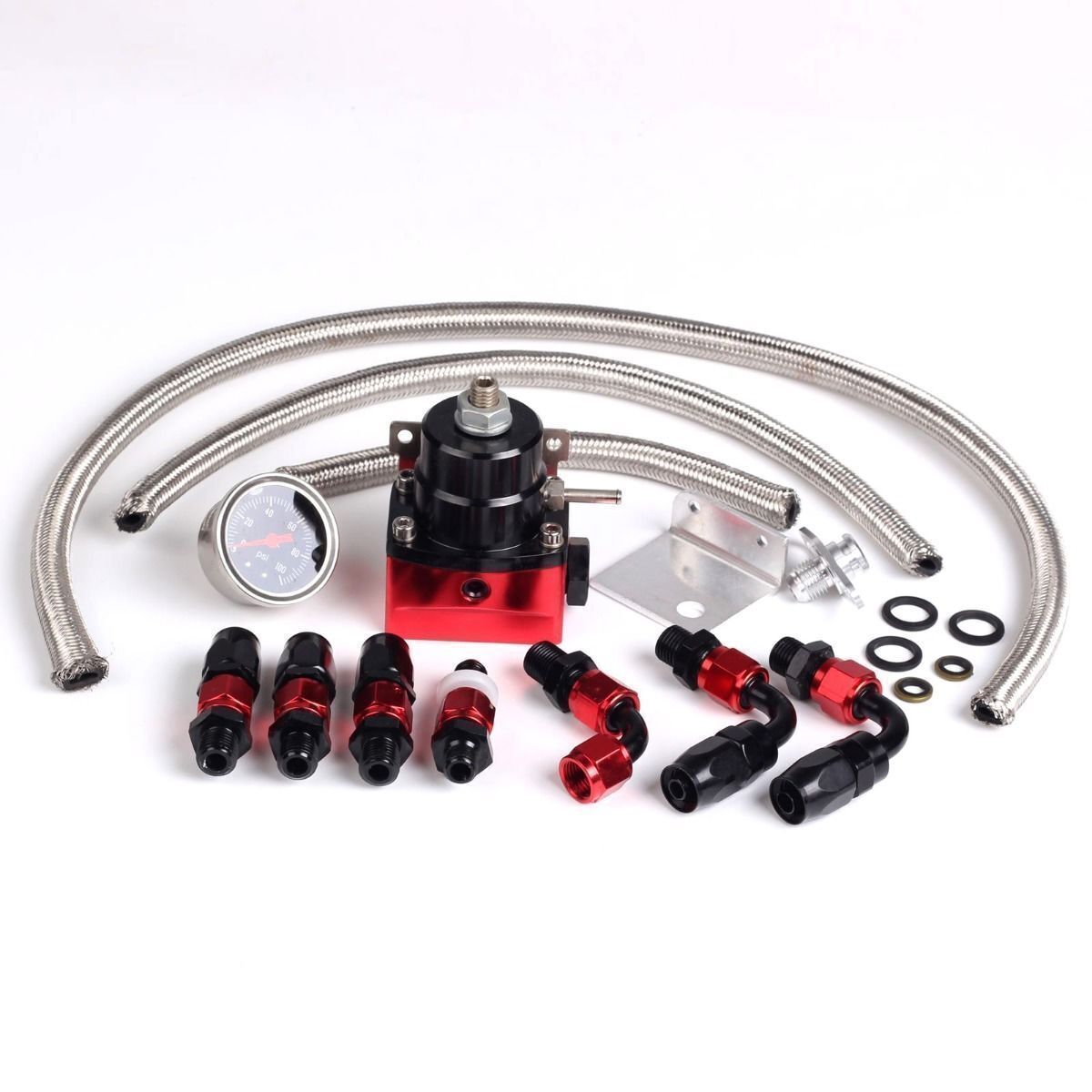 Black-Red Adjustable Fuel Pressure Regulator Kit Oil 0-100psi Gauge -6AN New
