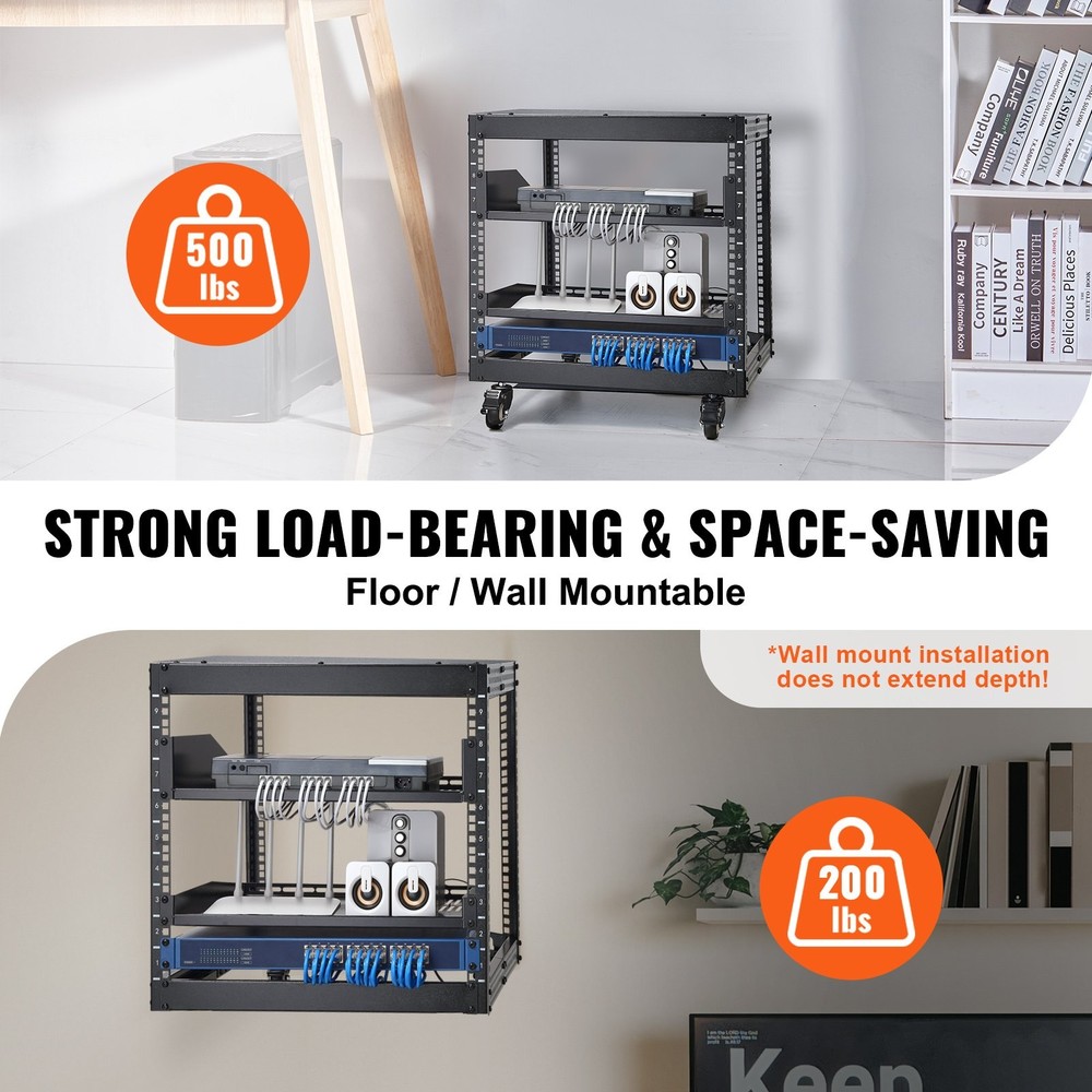 9U 4-Post Open Server Rack, 23-40" Adjustable Depth, Wall/Floor Mountable