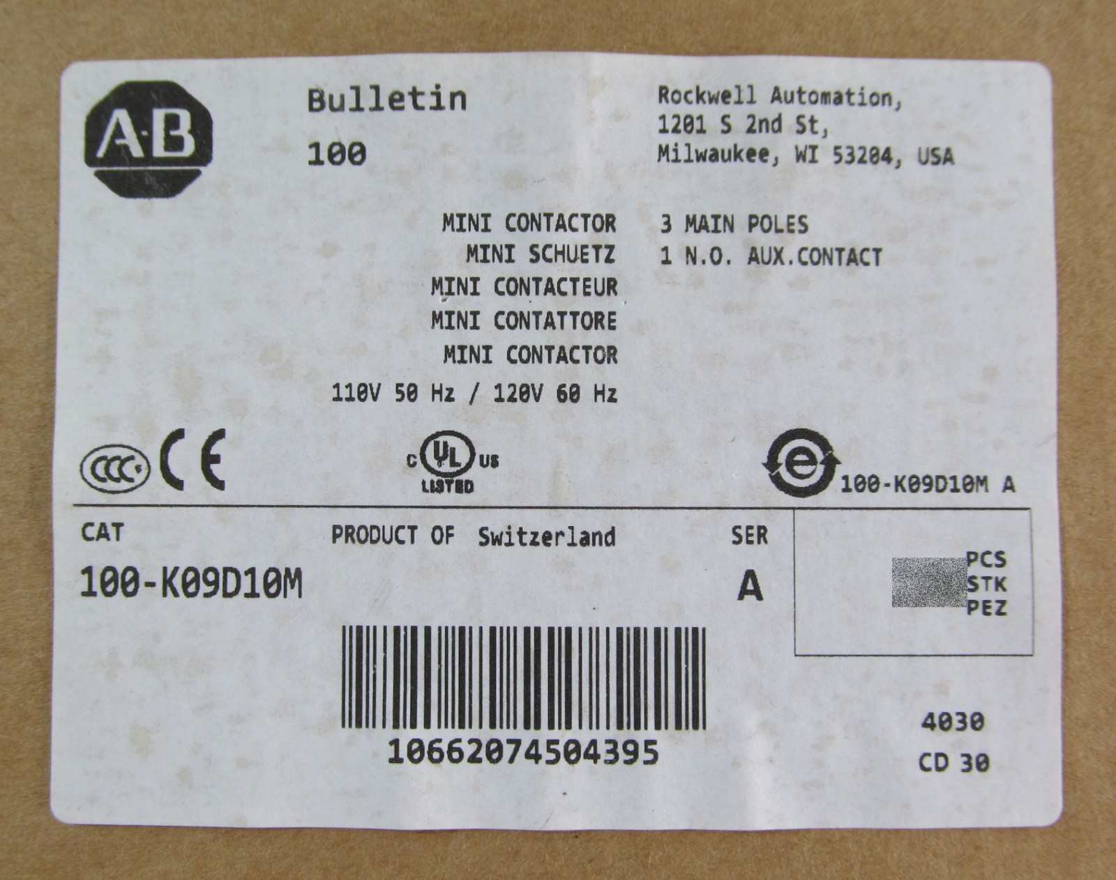 NEW ALLEN BRADLEY 100-K09*10 MINI CONTACTOR 100-K09D10M 110V/120V 9A 3-POLE