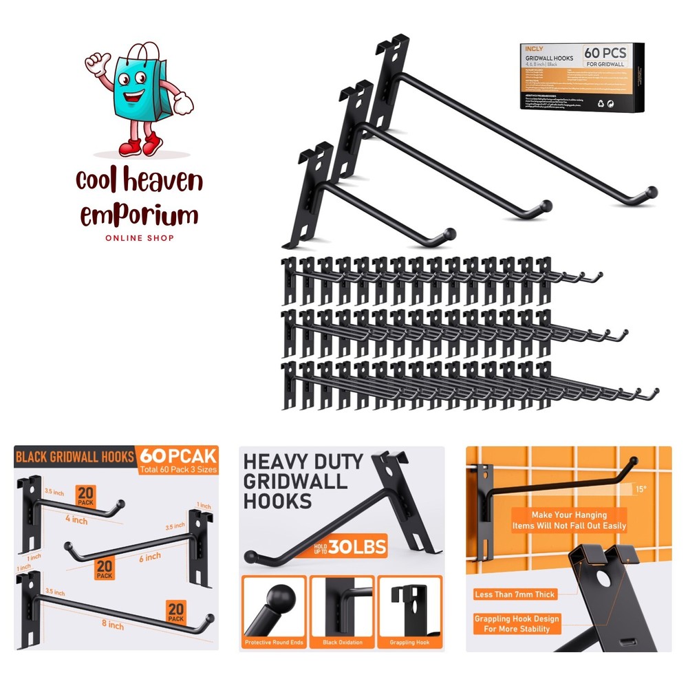 Rust Resistant Gridwall Hooks Set - Durable Black Metal for Retail & Home Use