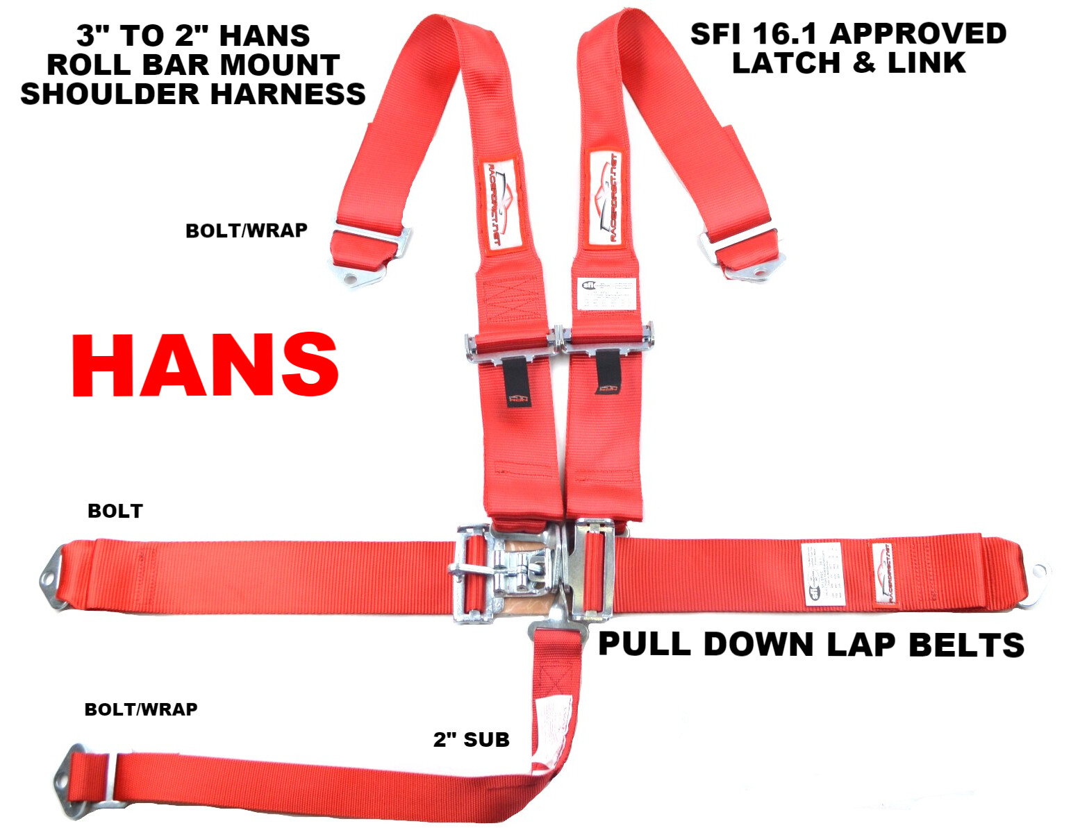 RACE HARNESS RACERDIRECT SFI 16.1 RED ROLL BAR MOUNT SEAT BELT