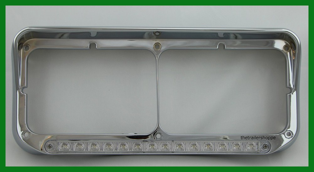 Chrome Plastic Dual Rectangular Headlight Bezel with Visor 14 LED Green -1 Set