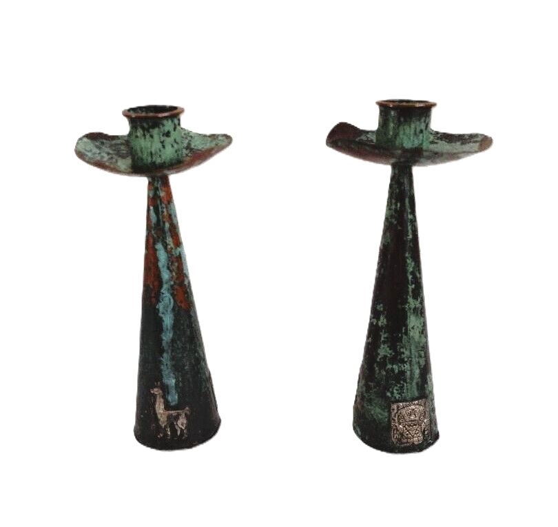 1960s Peru Copper 7" Candle Holder Pair Inlaid Silver Inca Motif Deities Llama