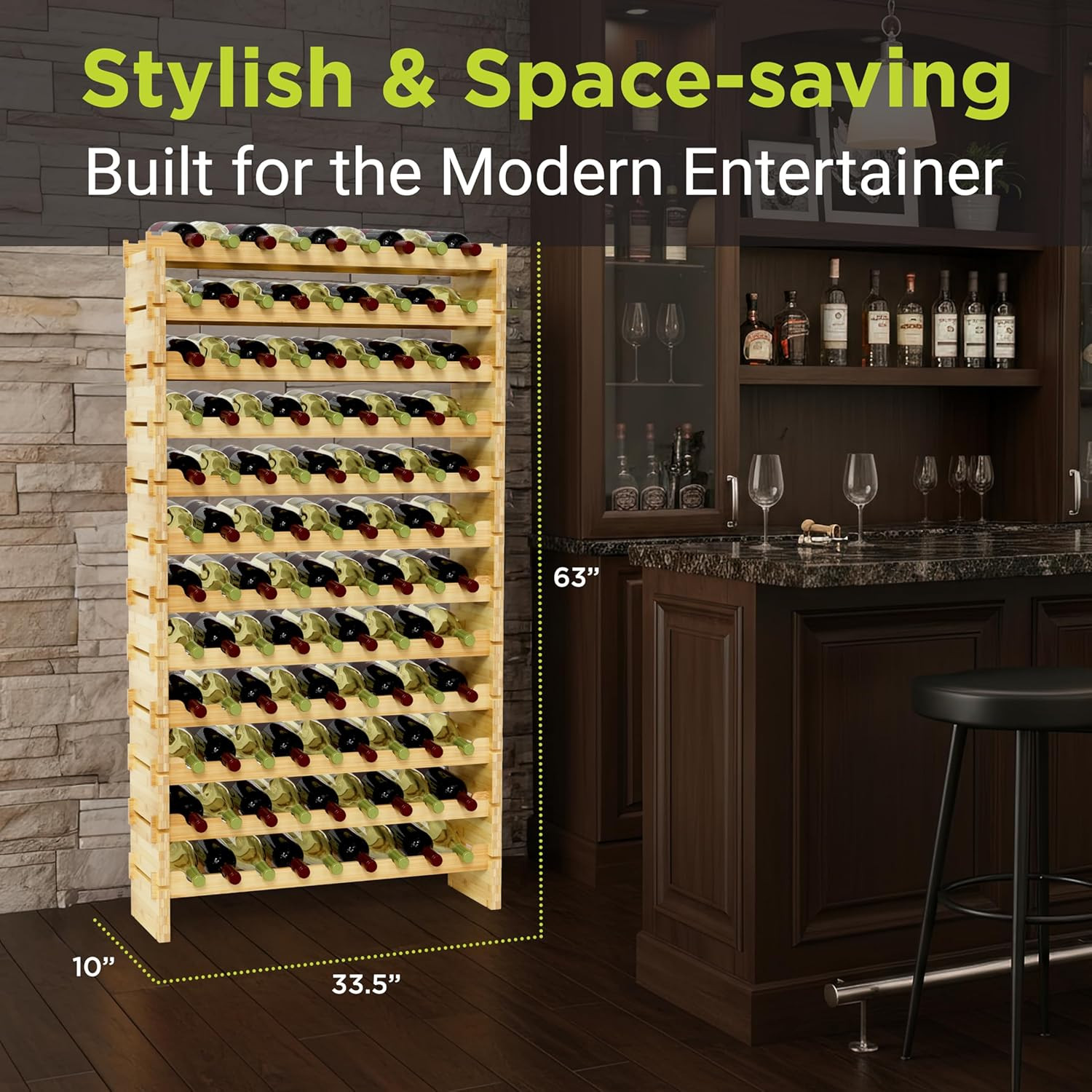 108 Bottle Wine Rack Stackable Bamboo Freestanding, 12 Tier Modular Shelf, Sturd
