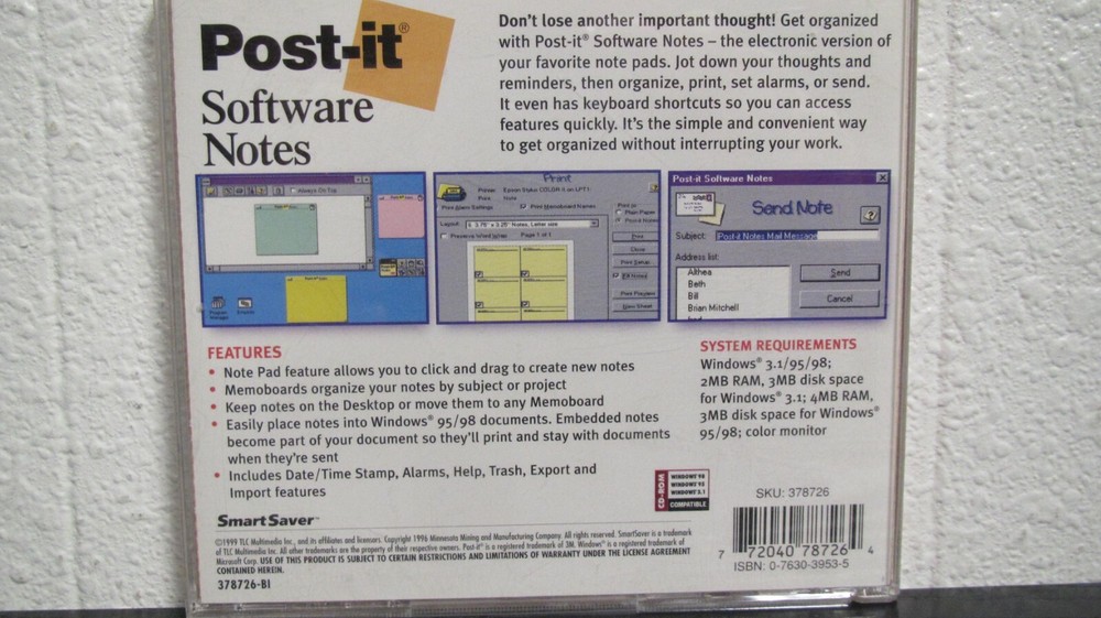 Post-it Software Notes Version 1.5 For Windows 3.1/95/98, (PC, 1999)