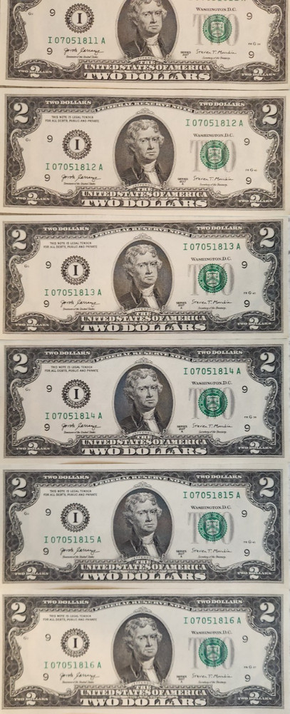 9x NEW | Uncirculated, Crisp, Two Dollar Bills |$2| Consecutive/Sequential 2017A