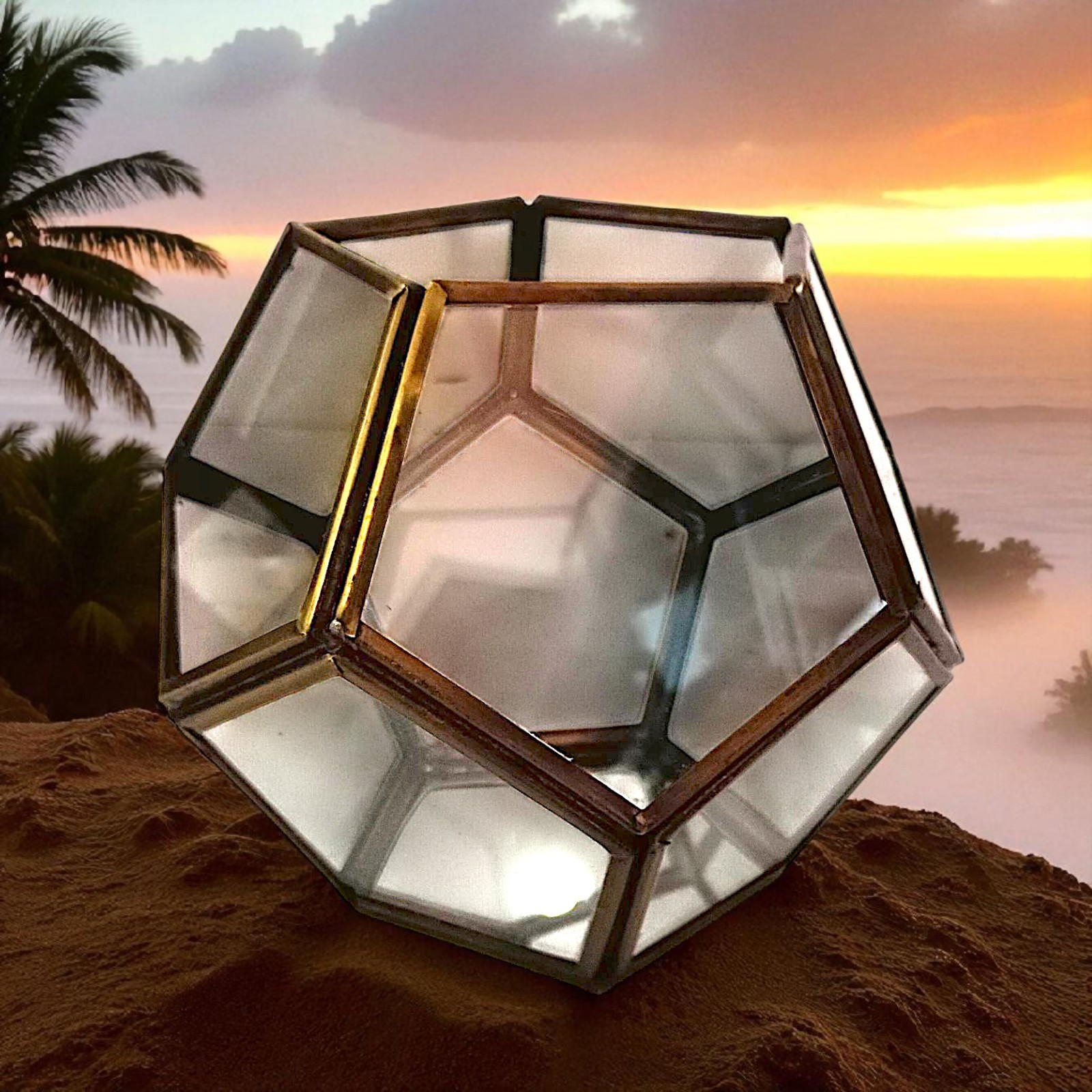 Vtg Brass Glass Terrarium Octagon Geometric Planter Display Case Candle Holder