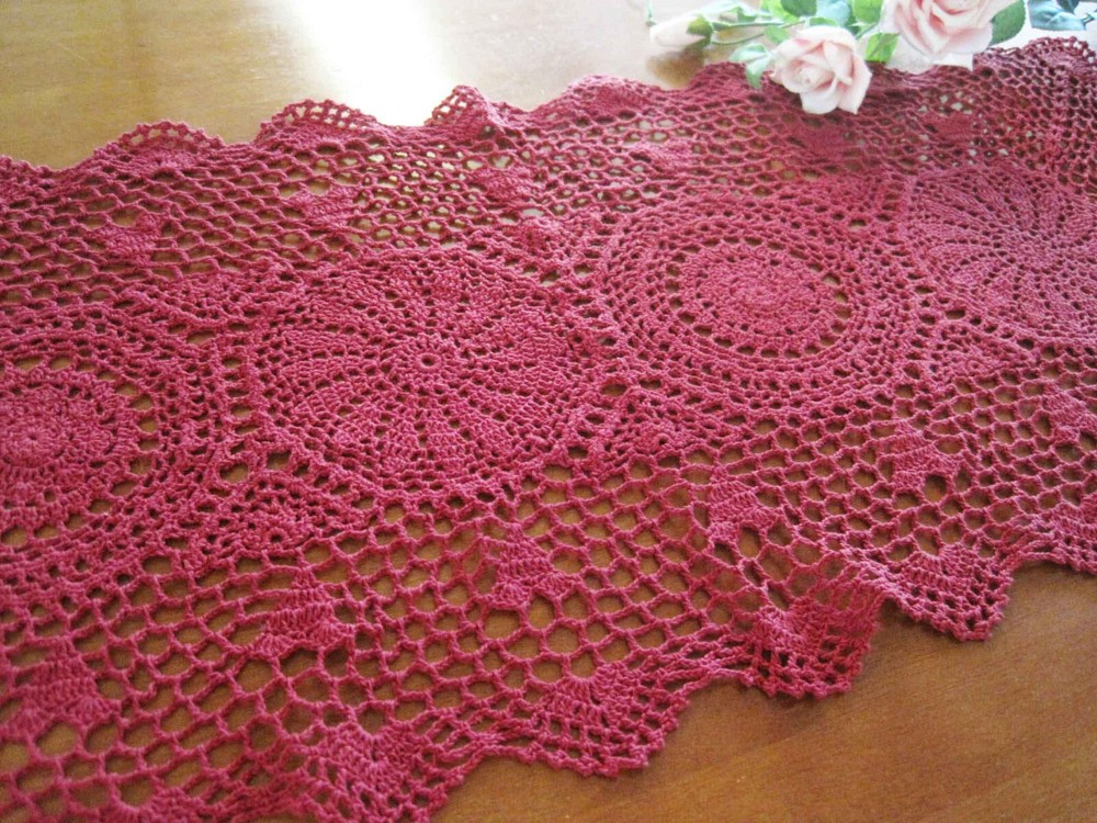 Vintage Style Hand Crochet Deep Red Cotton Table Runner