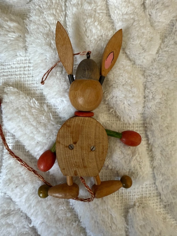 Vintage Austria Wooden Bunny Rabbit Easter Wood Pull String Toy