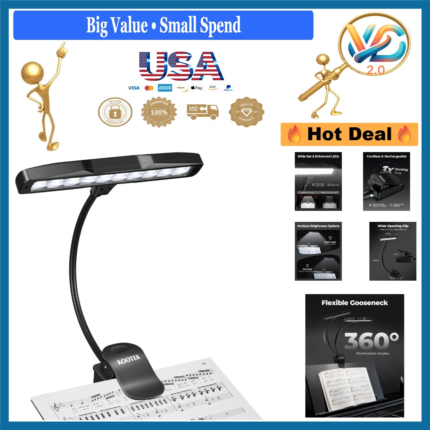 Black Clip-On Music Stand Light LED with Brightness Control Rechargeable